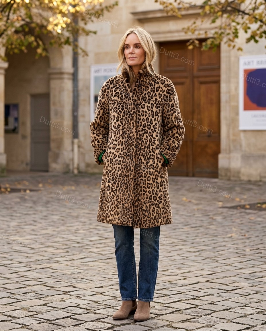 Brown Leopard Print Faux-Fur Coat, alternate use-case lifestyle view, by Dutti3