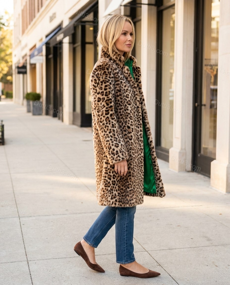 Brown Leopard Print Faux-Fur Coat, walking lifestyle view, by Dutti3