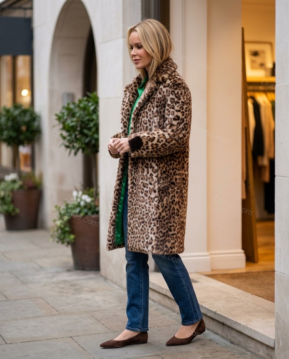 Brown Leopard Print Faux-Fur Coat, movement and fit lifestyle view, by Dutti3