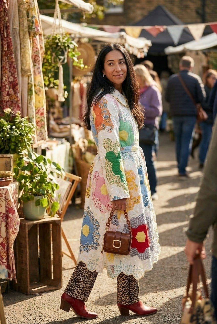 Patchwork Eyelet Scalloped Belted Coat