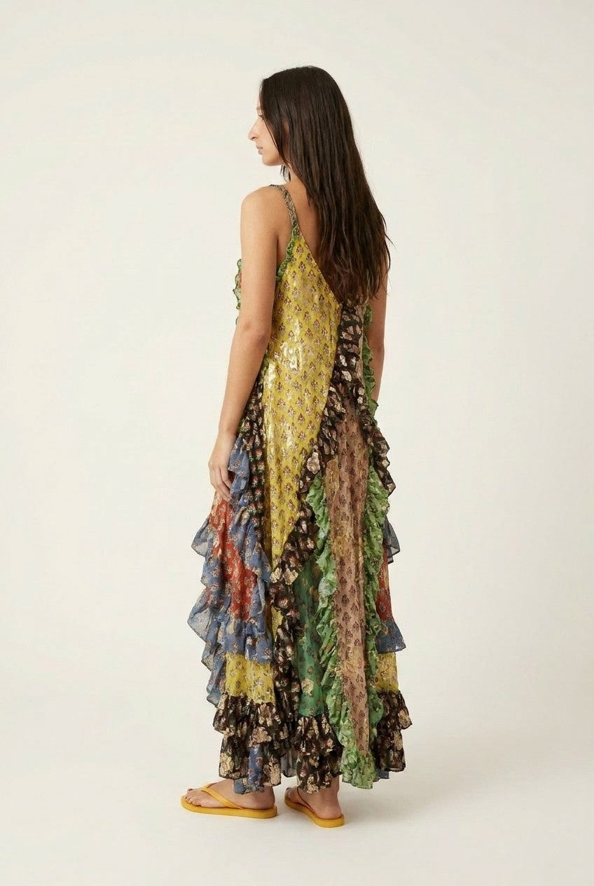 Patchwork High-Low Ruffle Maxi Dress