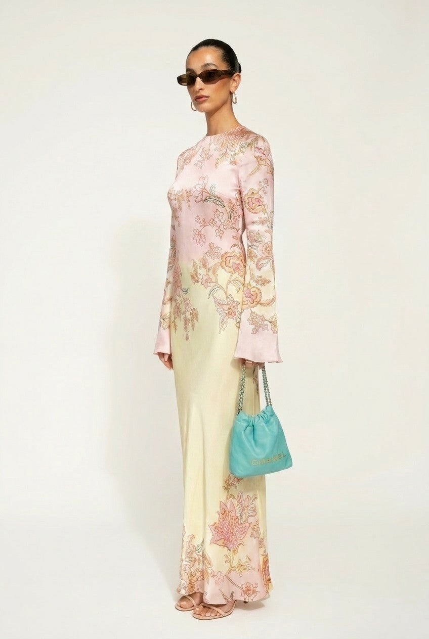 Floral Satin Bell Sleeve Maxi Dress