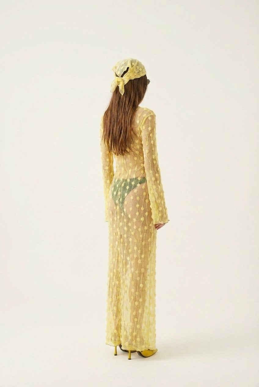 Sheer Textured Pom-Pom Long Sleeve Maxi Dress