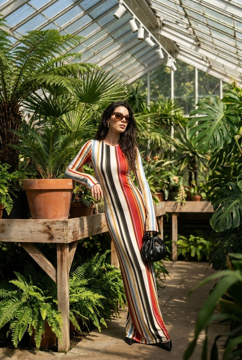 Multicolor Vertical Stripe Knit Maxi Dress