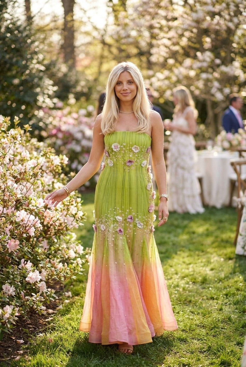 Strapless Floral Appliqué Ombre Pleated Maxi Dress