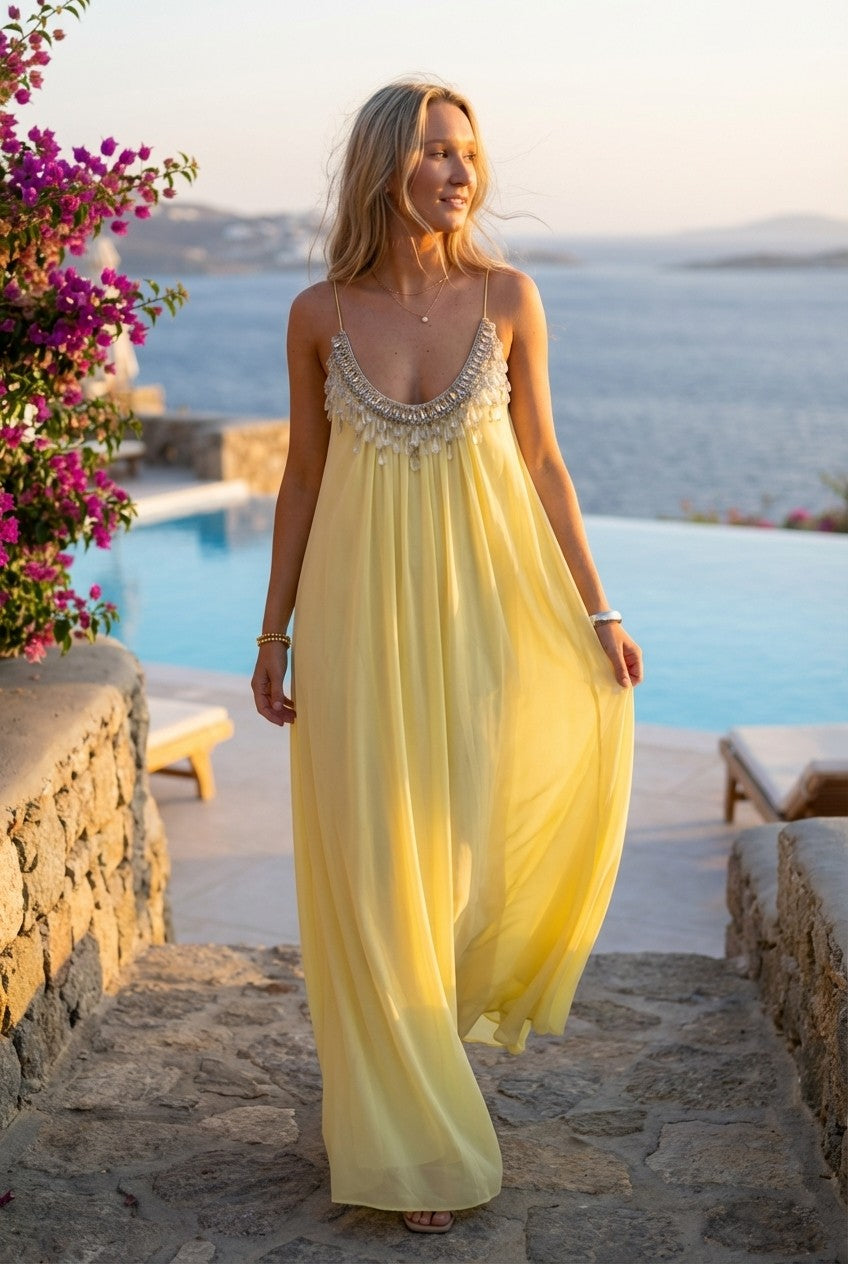 Aurielle Embellished Pleated Chiffon Maxi Dress