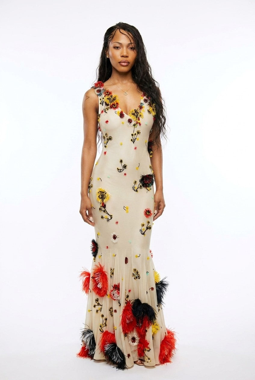 Floral Embroidered Tulle V-Neck Feather Trim Gown