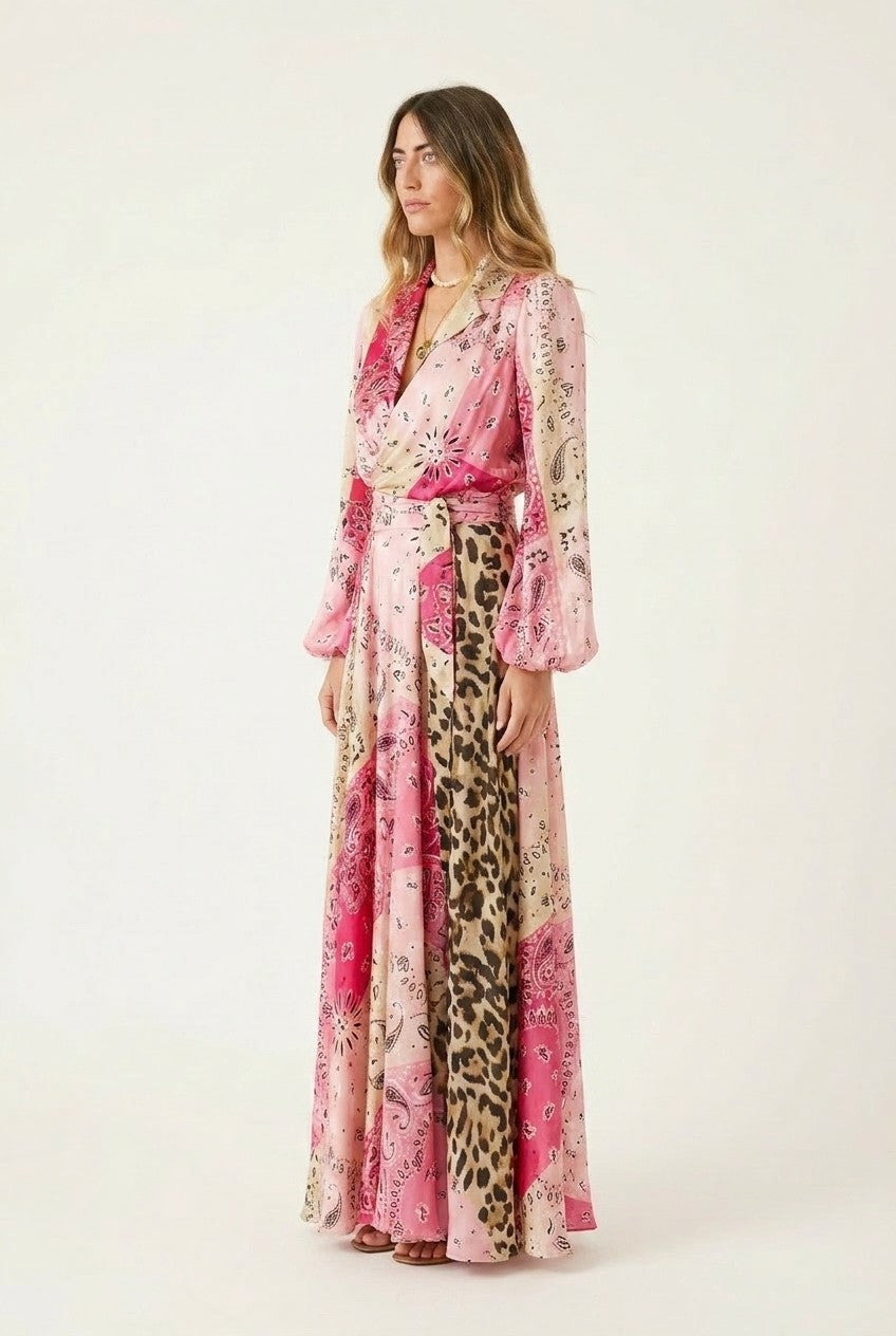 Mixed Print Satin Wrap Maxi Dress