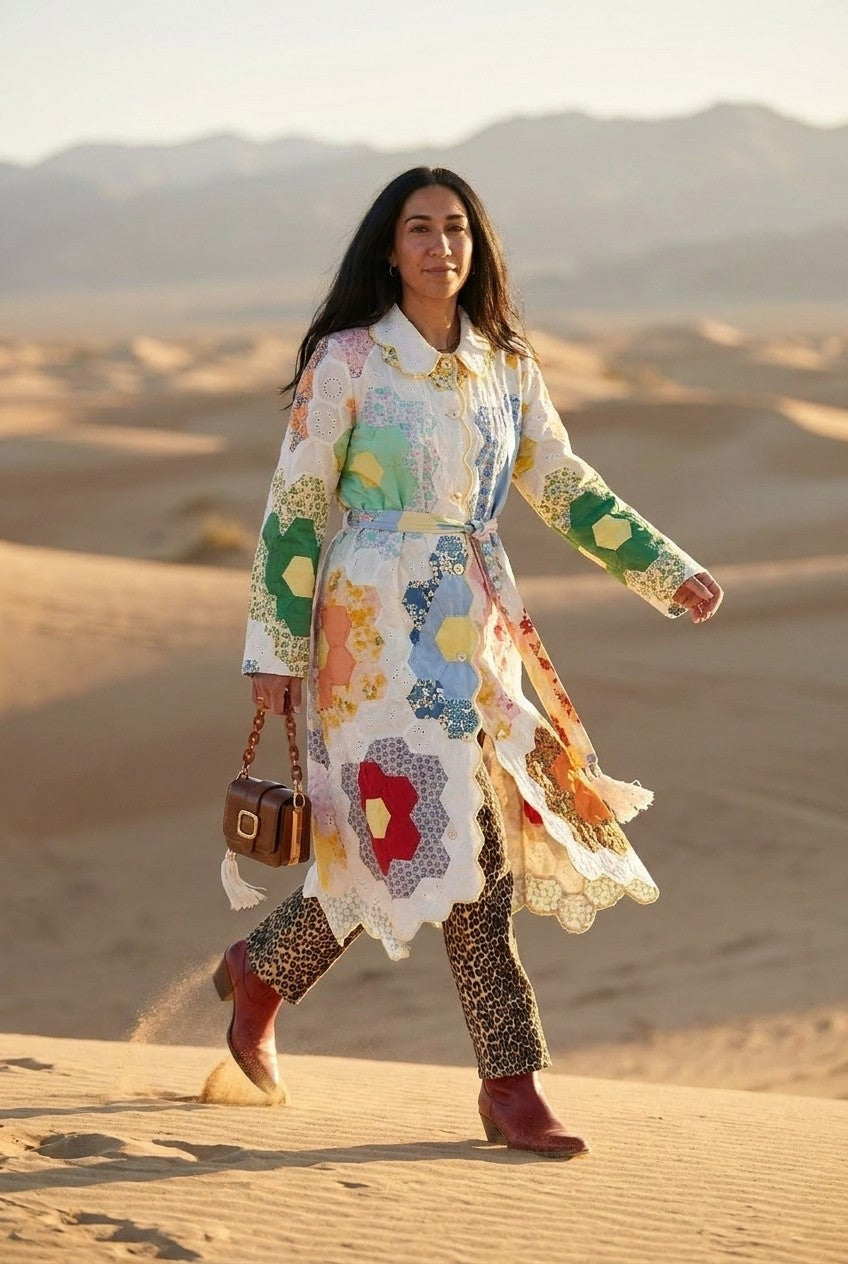 Patchwork Eyelet Scalloped Belted Coat