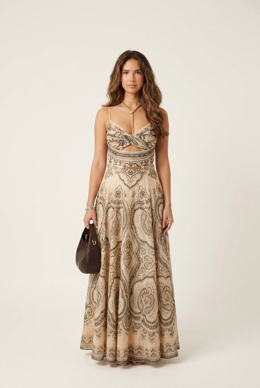 Paisley Cut-Out Hardware Accent Maxi Dress