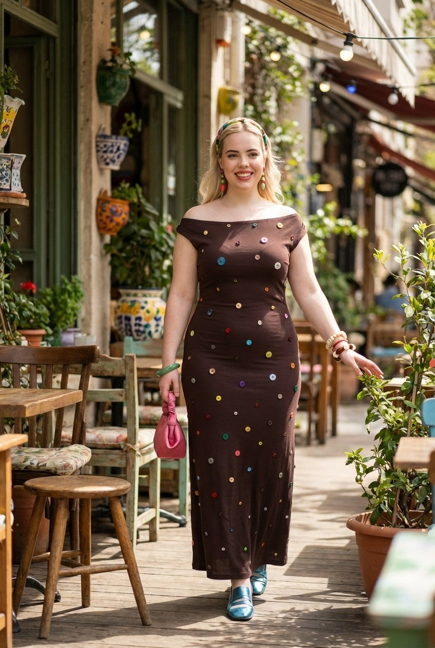 Boho Charm Off-Shoulder Maxi Dress with Colorful Buttons