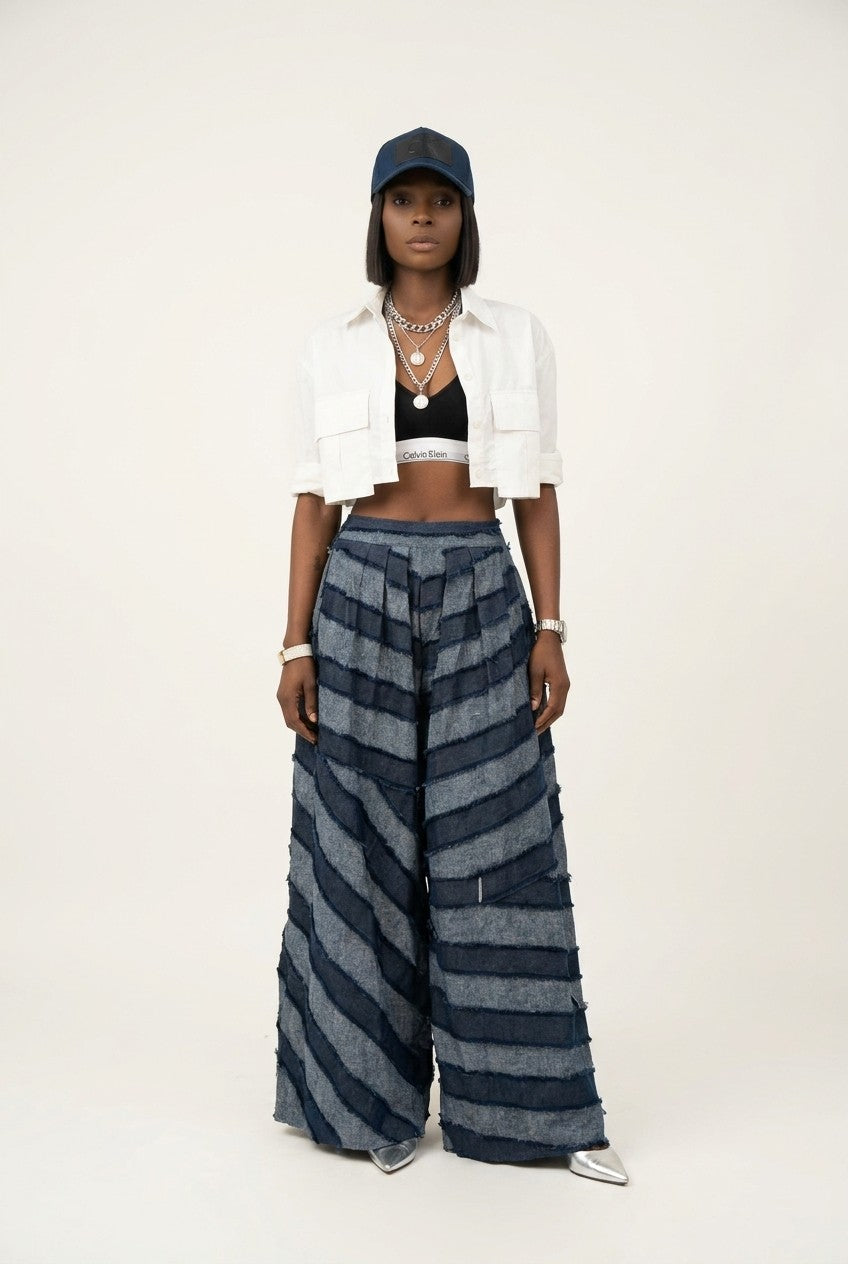 Patchwork High-Waisted Wide-Leg Denim Pants