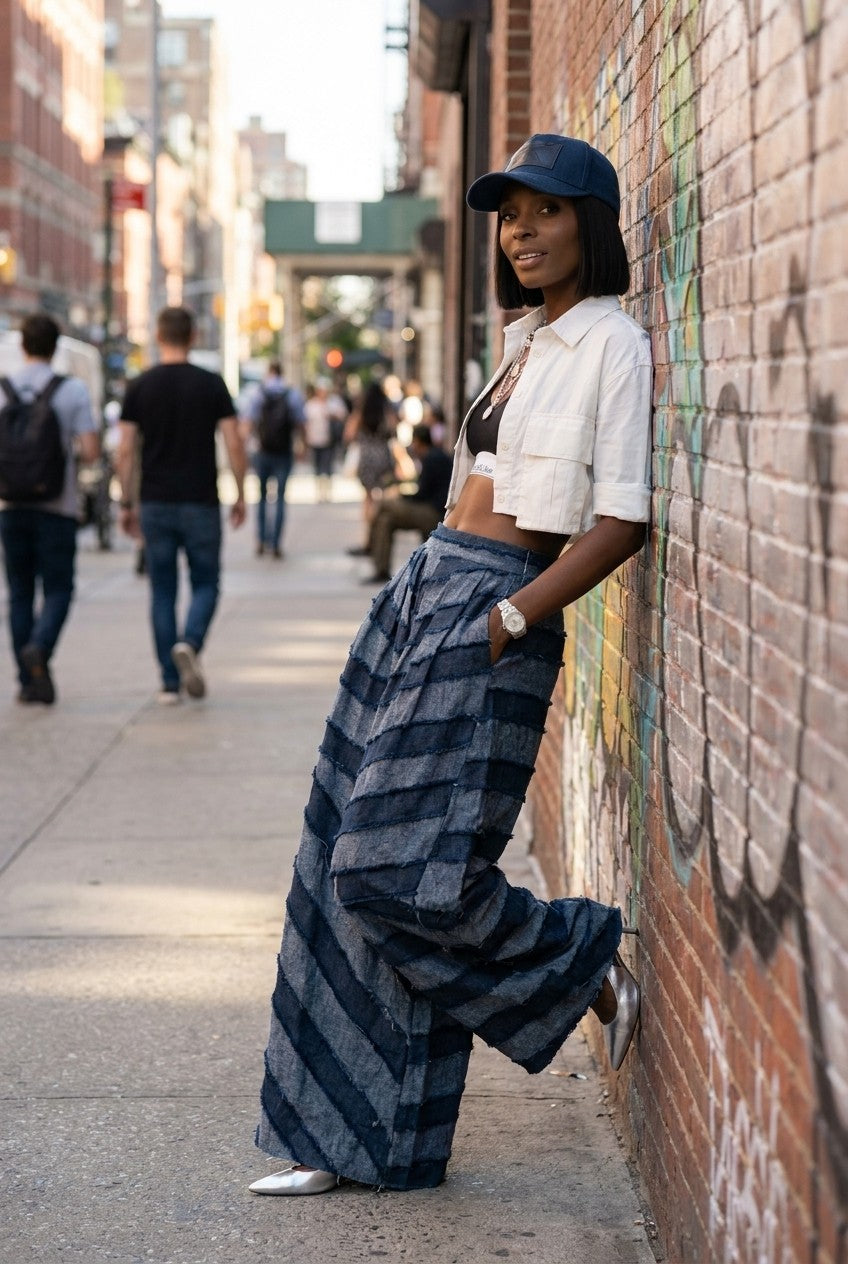 Patchwork High-Waisted Wide-Leg Denim Pants