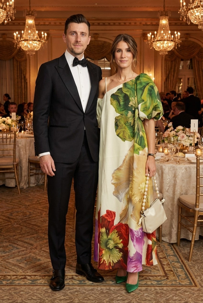 Floral Silk-Blend Satin One-Shoulder Puff Sleeve Maxi Dress