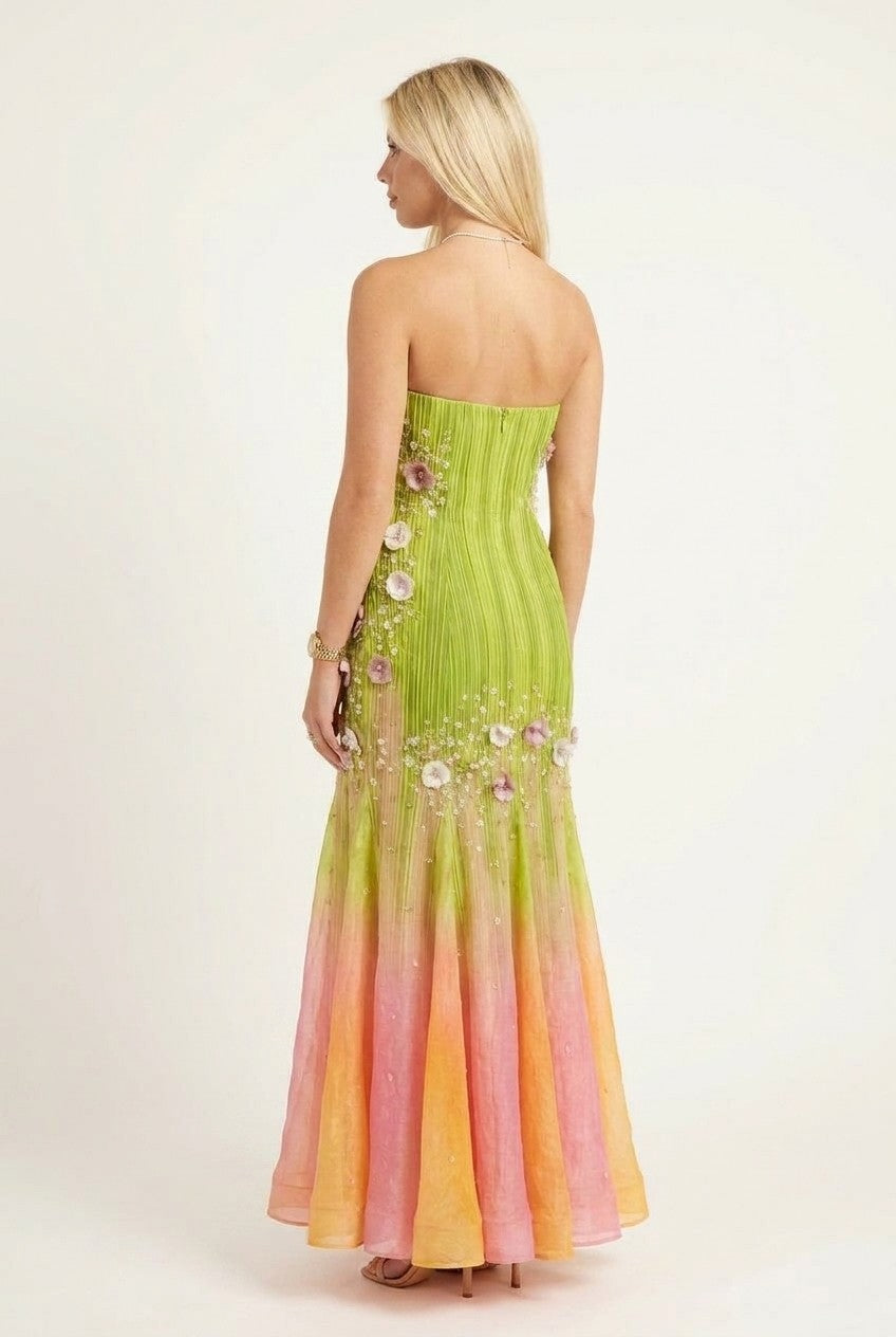 Strapless Floral Appliqué Ombre Pleated Maxi Dress