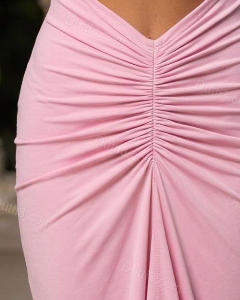 Pink Maxi Strapless Dress, close-up of cut-out, ruched and strapless neckline, by Dutti3