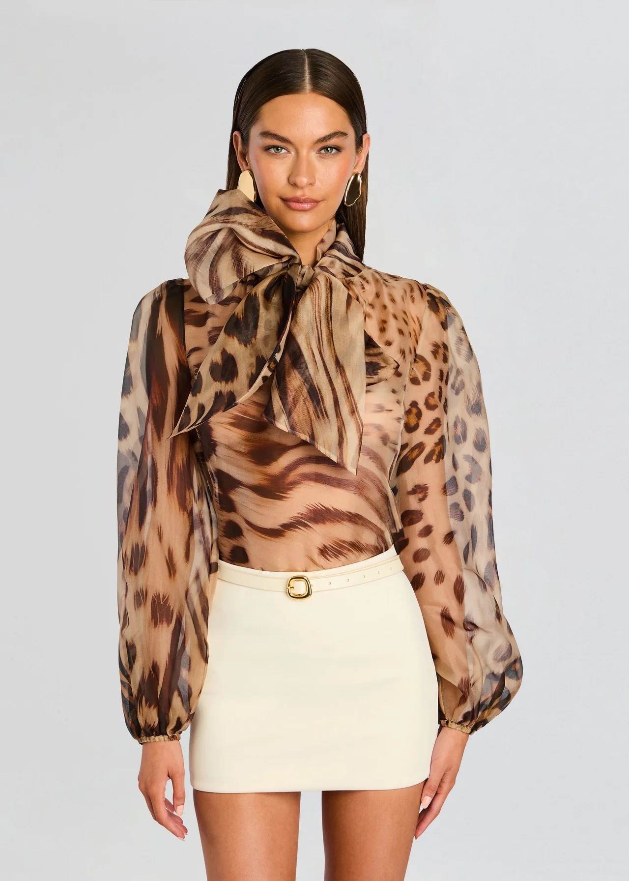 Animal Print Bow-Neck Sheer Blouse
