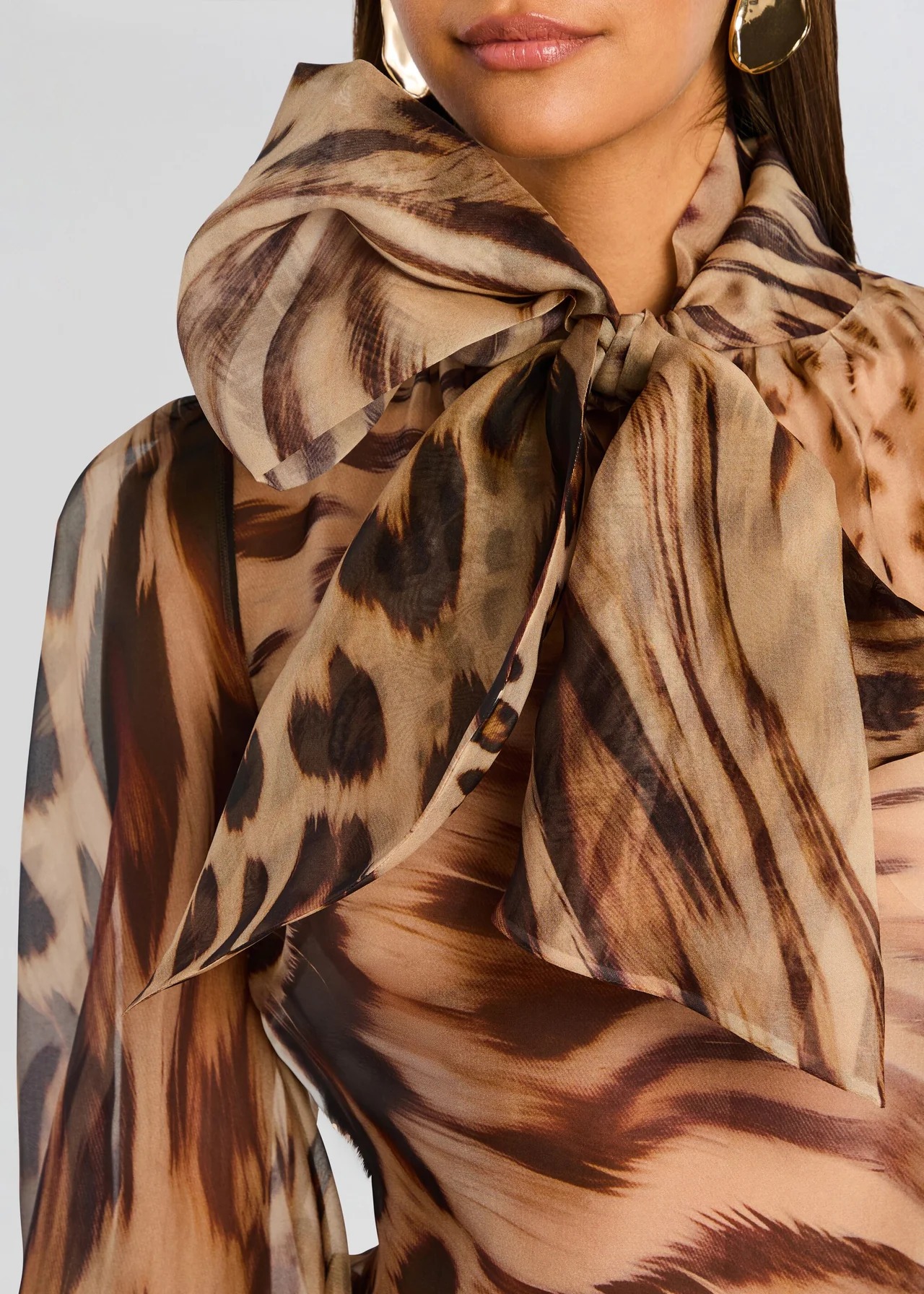 Animal Print Bow-Neck Sheer Blouse