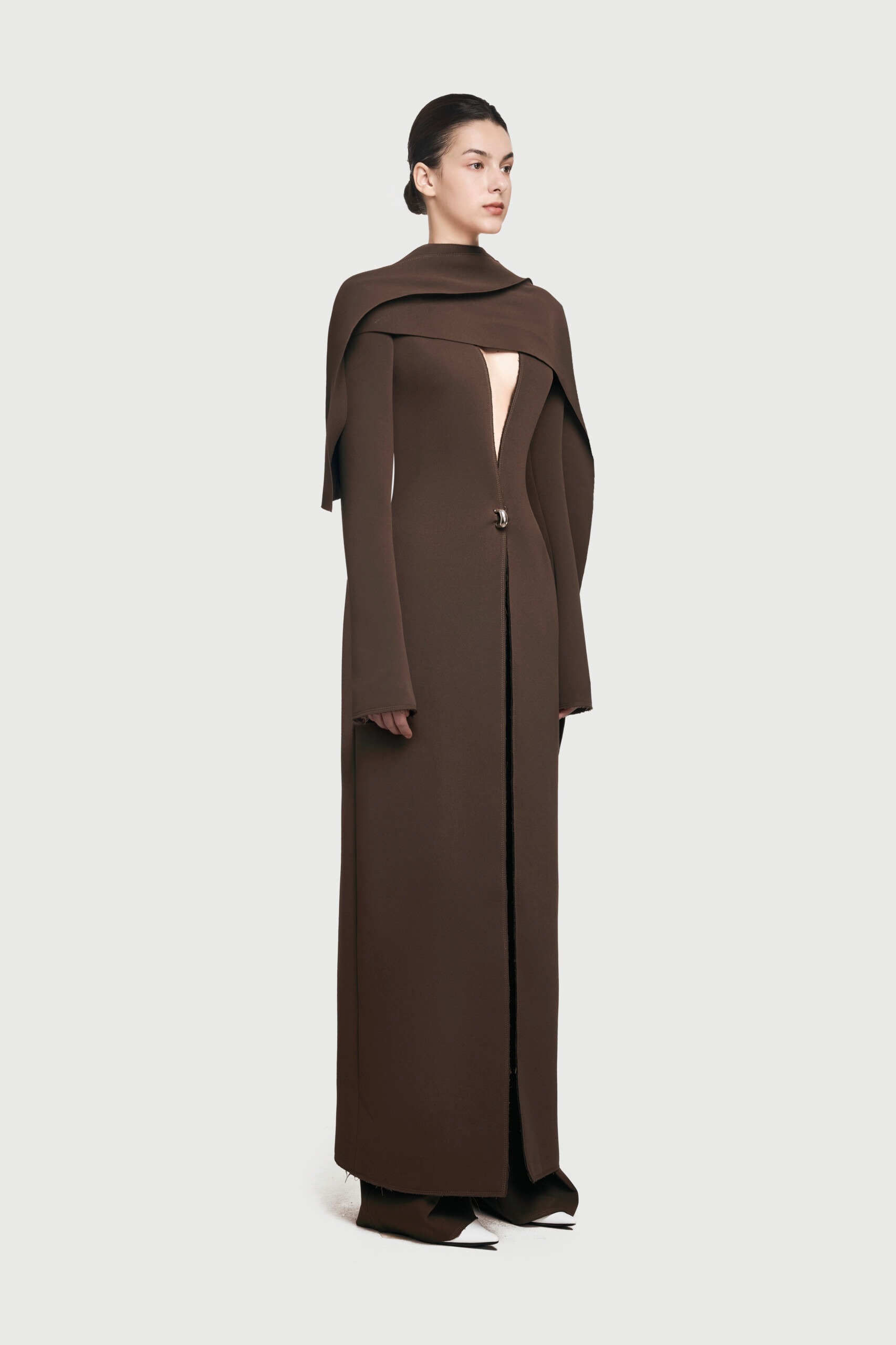 Structured Cape-Overlay Maxi Coat Dress
