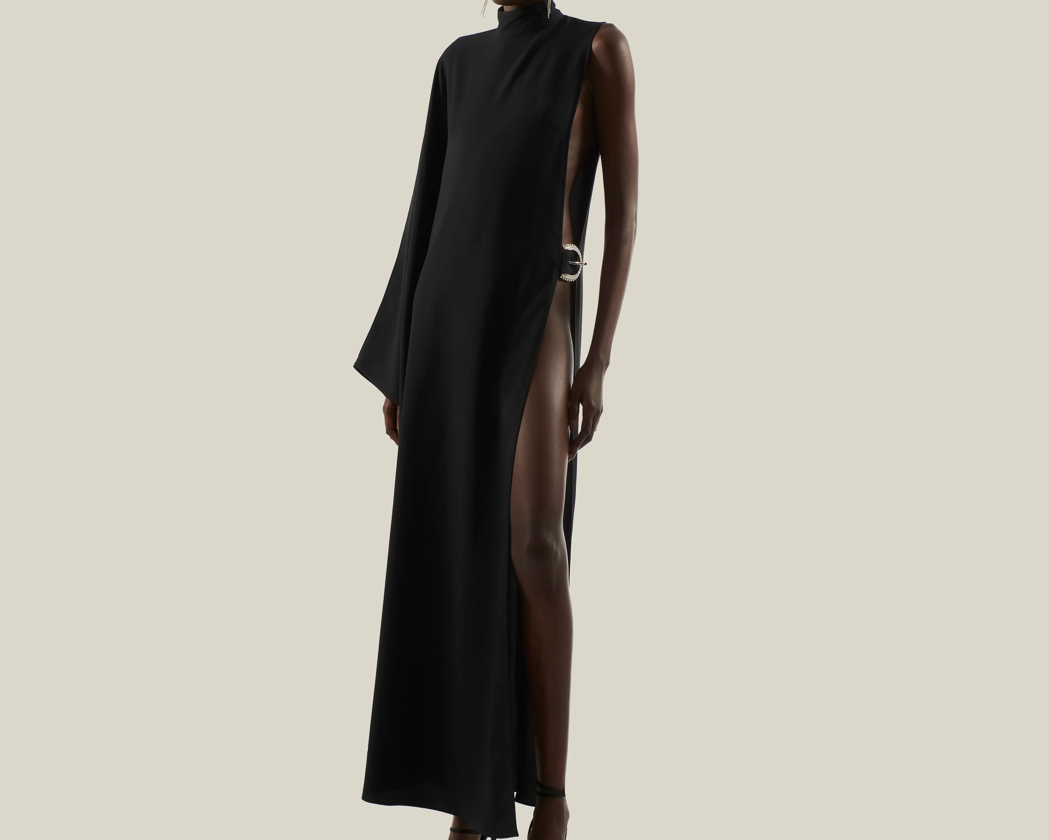 Minimalist Stand-Collar High-Slit Maxi Dress
