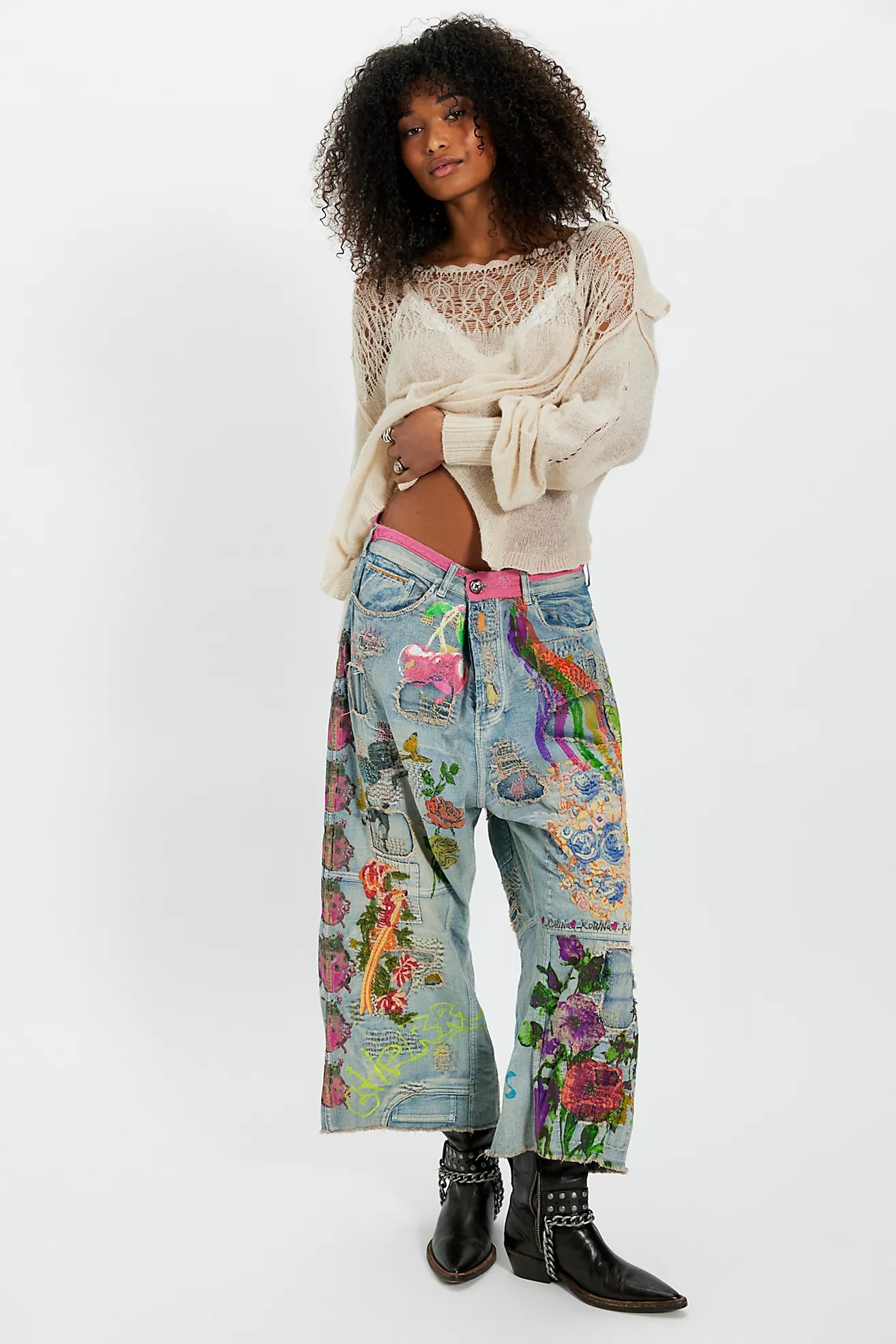 Hippie Graffiti Floral Drop Crotch Jeans