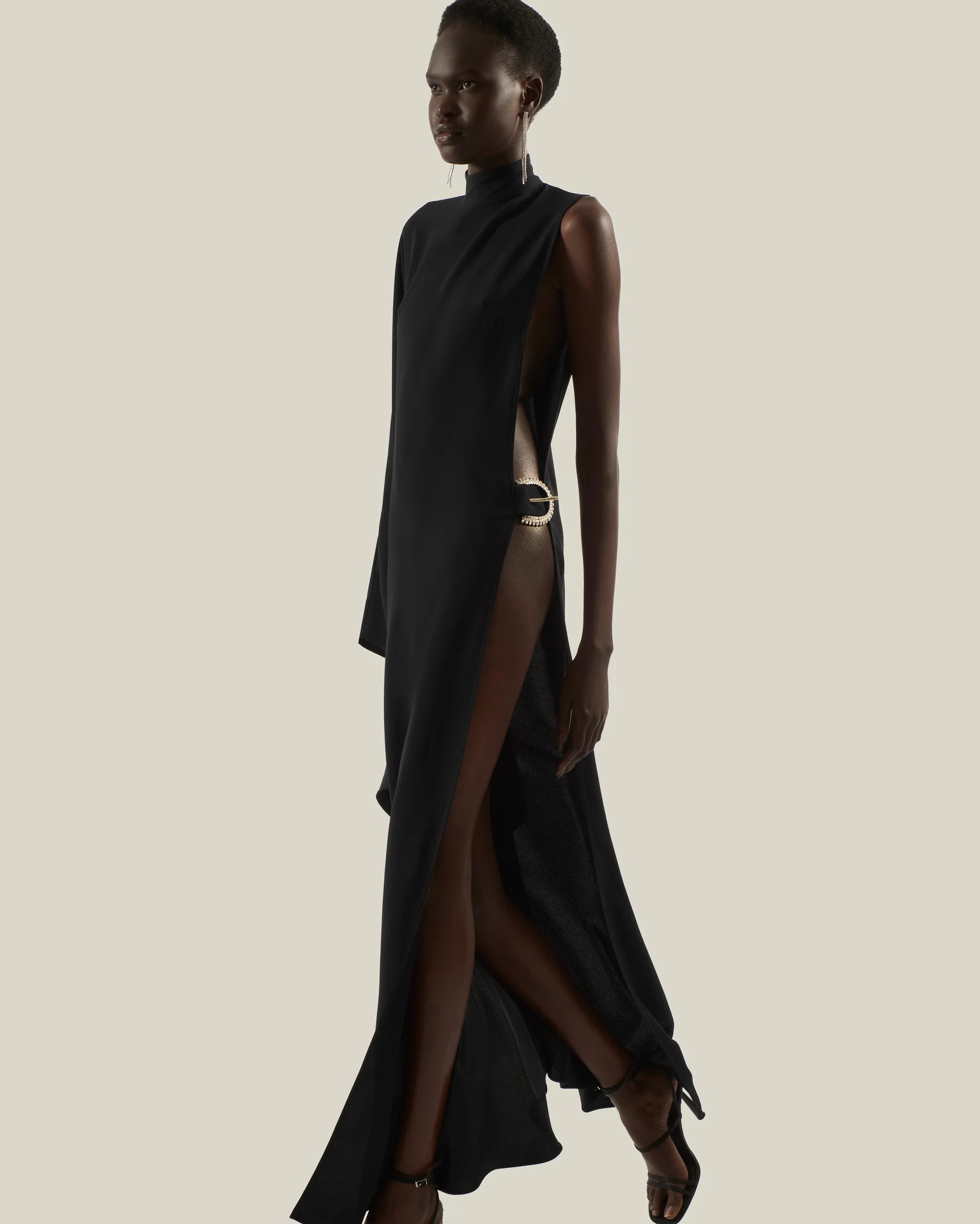 Minimalist Stand-Collar High-Slit Maxi Dress