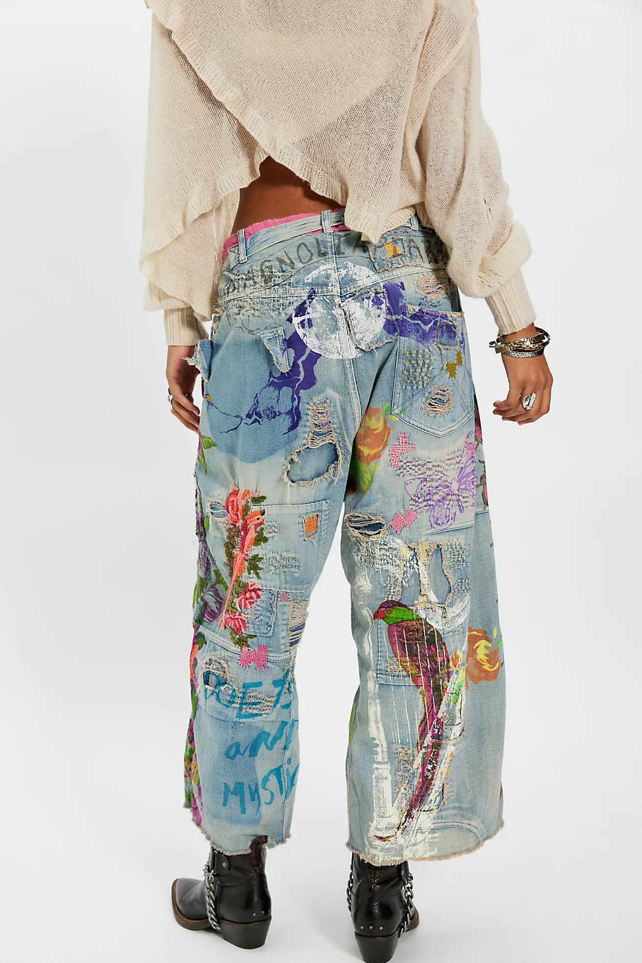 Hippie Graffiti Floral Drop Crotch Jeans