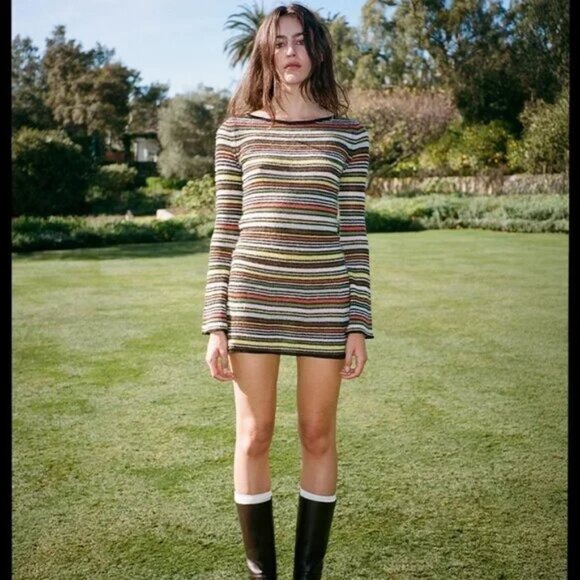 Multi-Stripe Long-Sleeve Fitted Knit Mini Dress