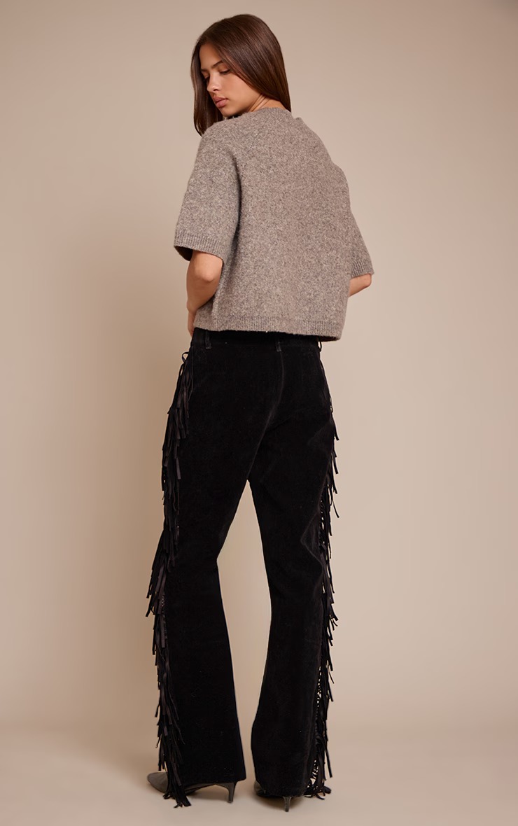 Fringe Trim Velvet Flared Trousers