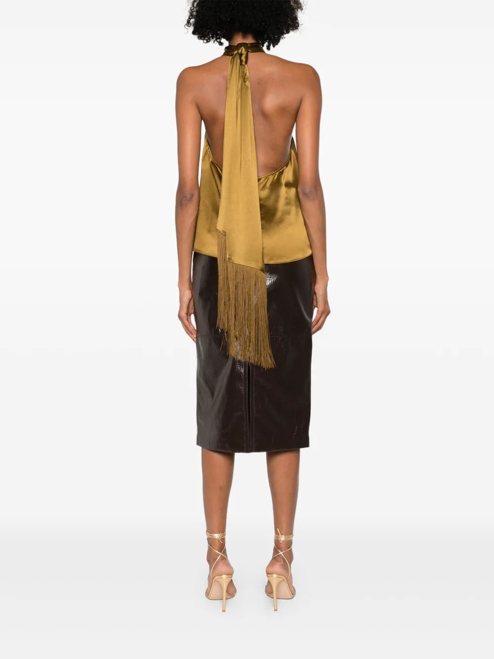 Fringe Tie-Back Satin Halter Top