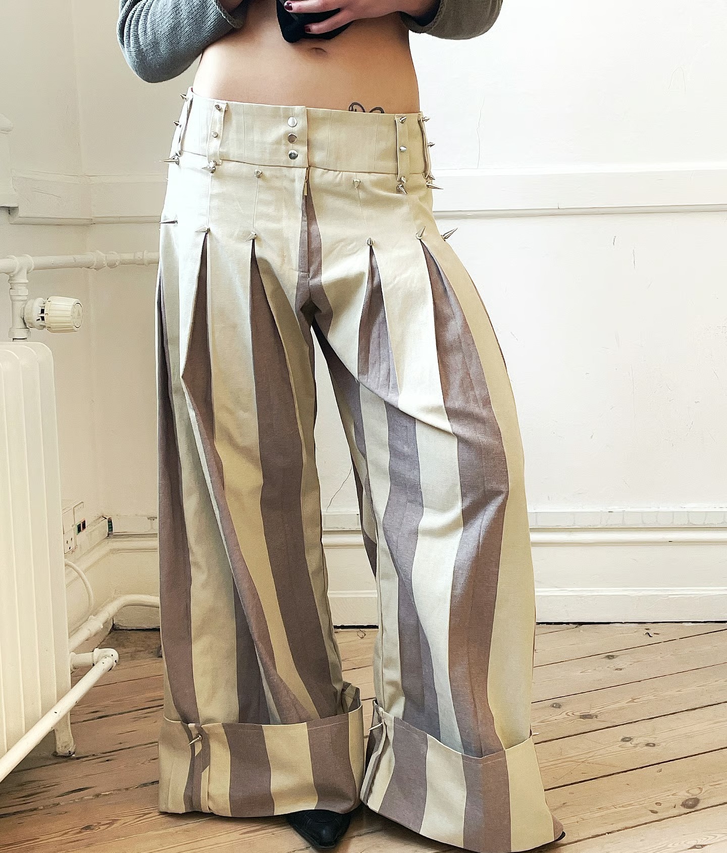 Oversized Stripe Stud-Detail Wide-Leg Pants