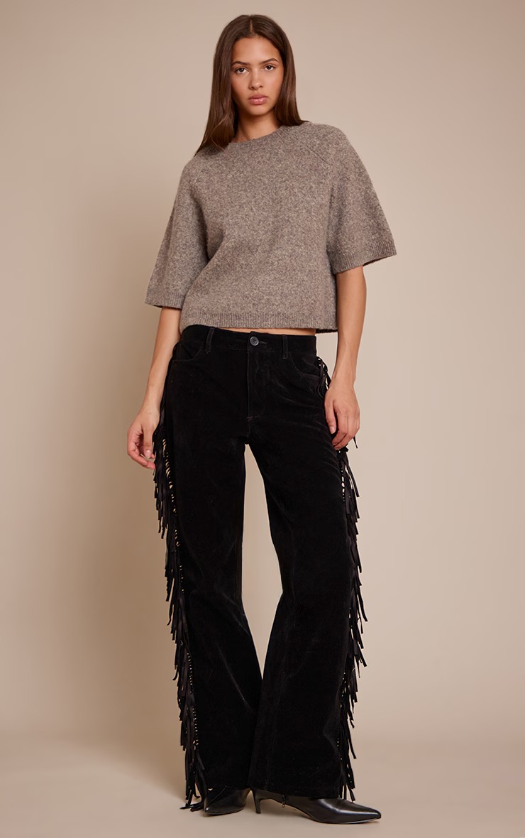 Fringe Trim Velvet Flared Trousers