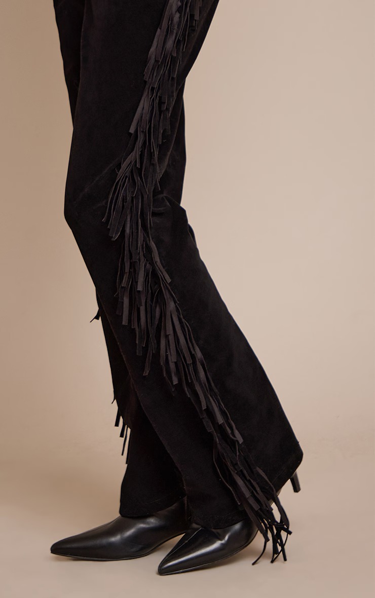 Fringe Trim Velvet Flared Trousers
