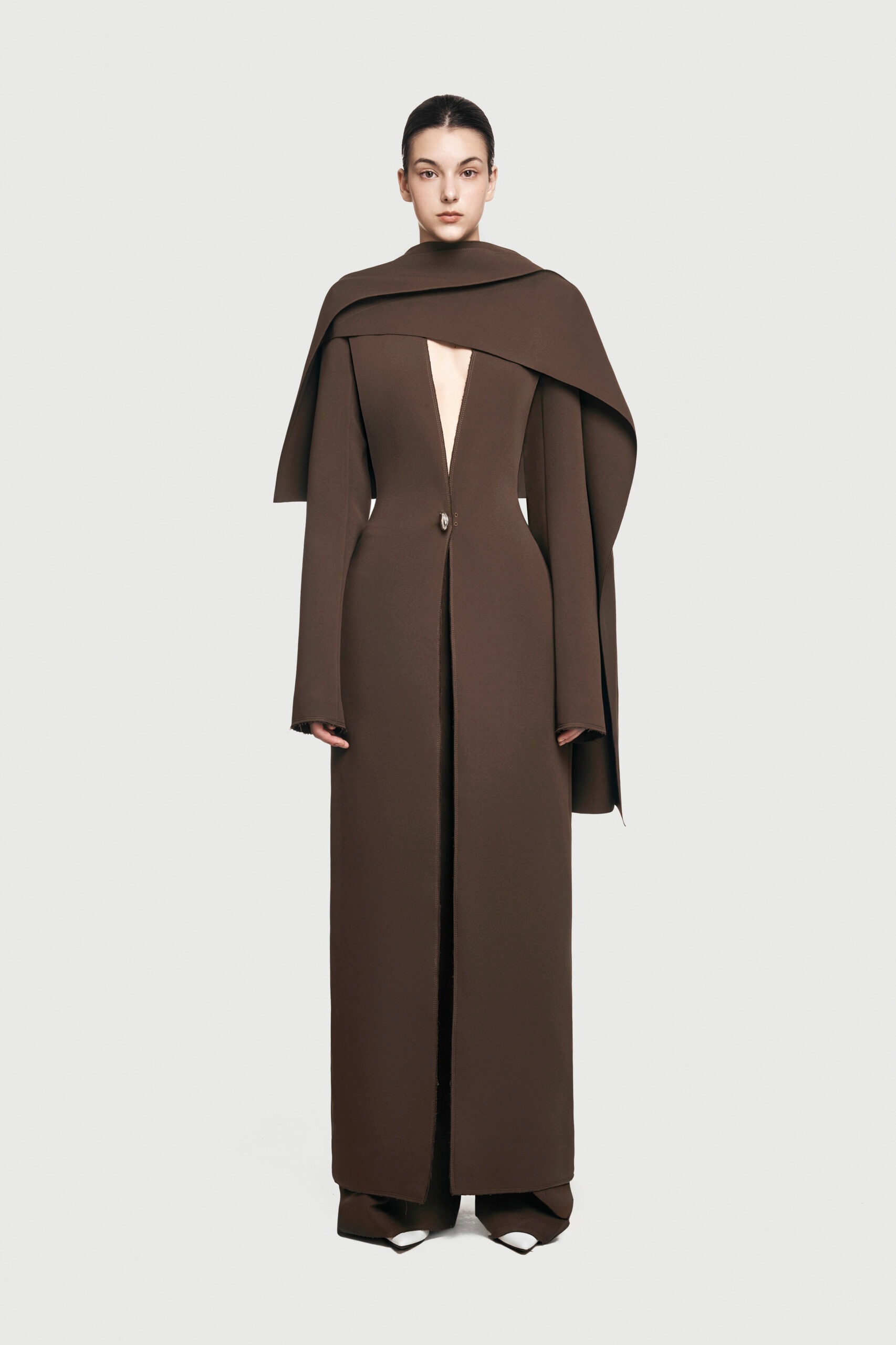 Structured Cape-Overlay Maxi Coat Dress