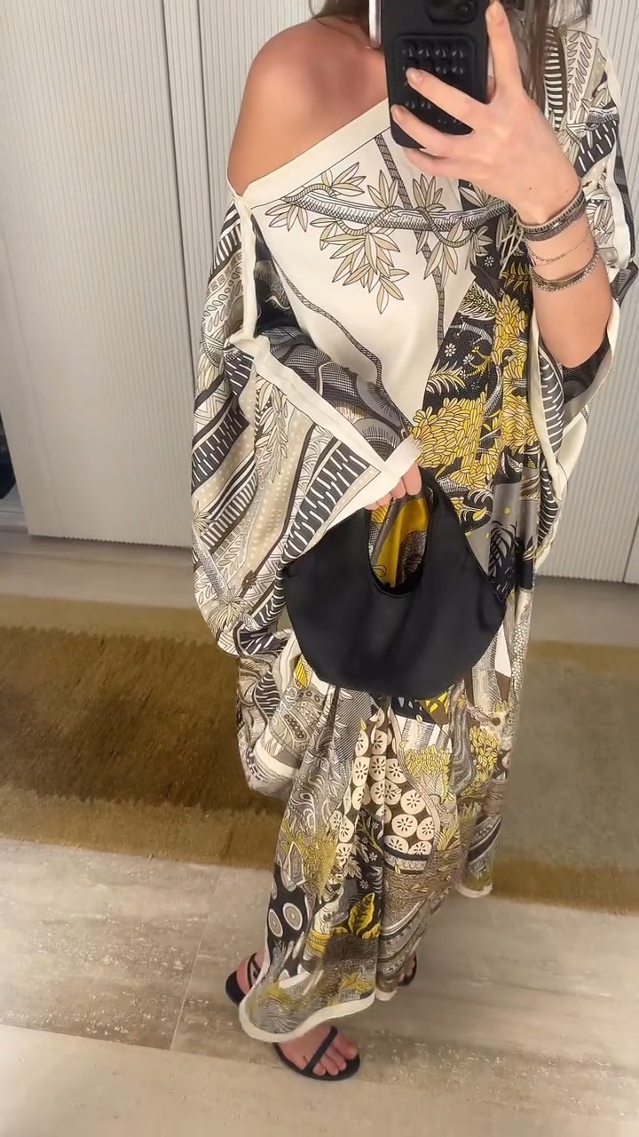 One-Shoulder Shawl Wrap Vintage Print Maxi Dress