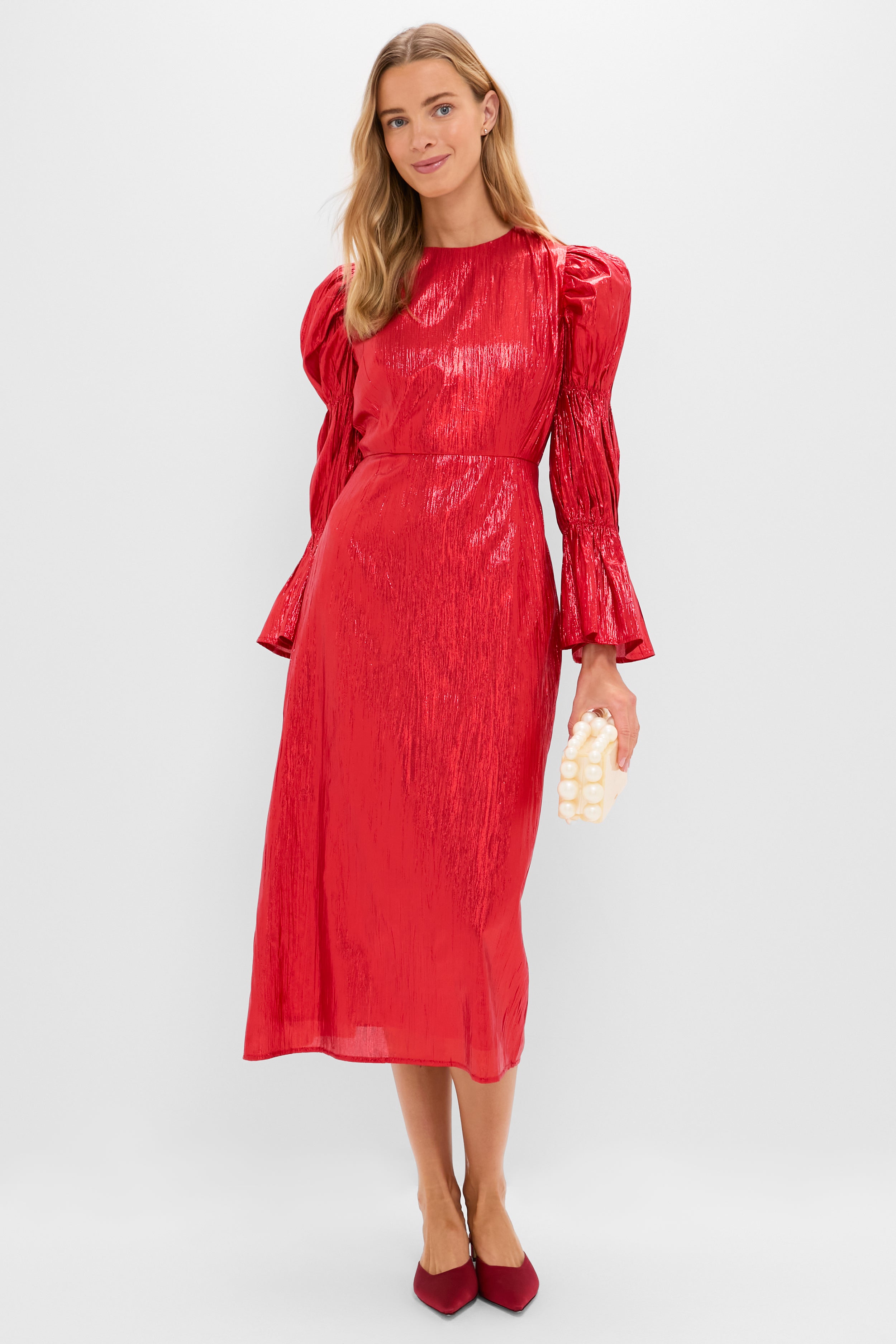 Red Metallic Plisse Puff Sleeve Darcy Midi Dress-Beilave
