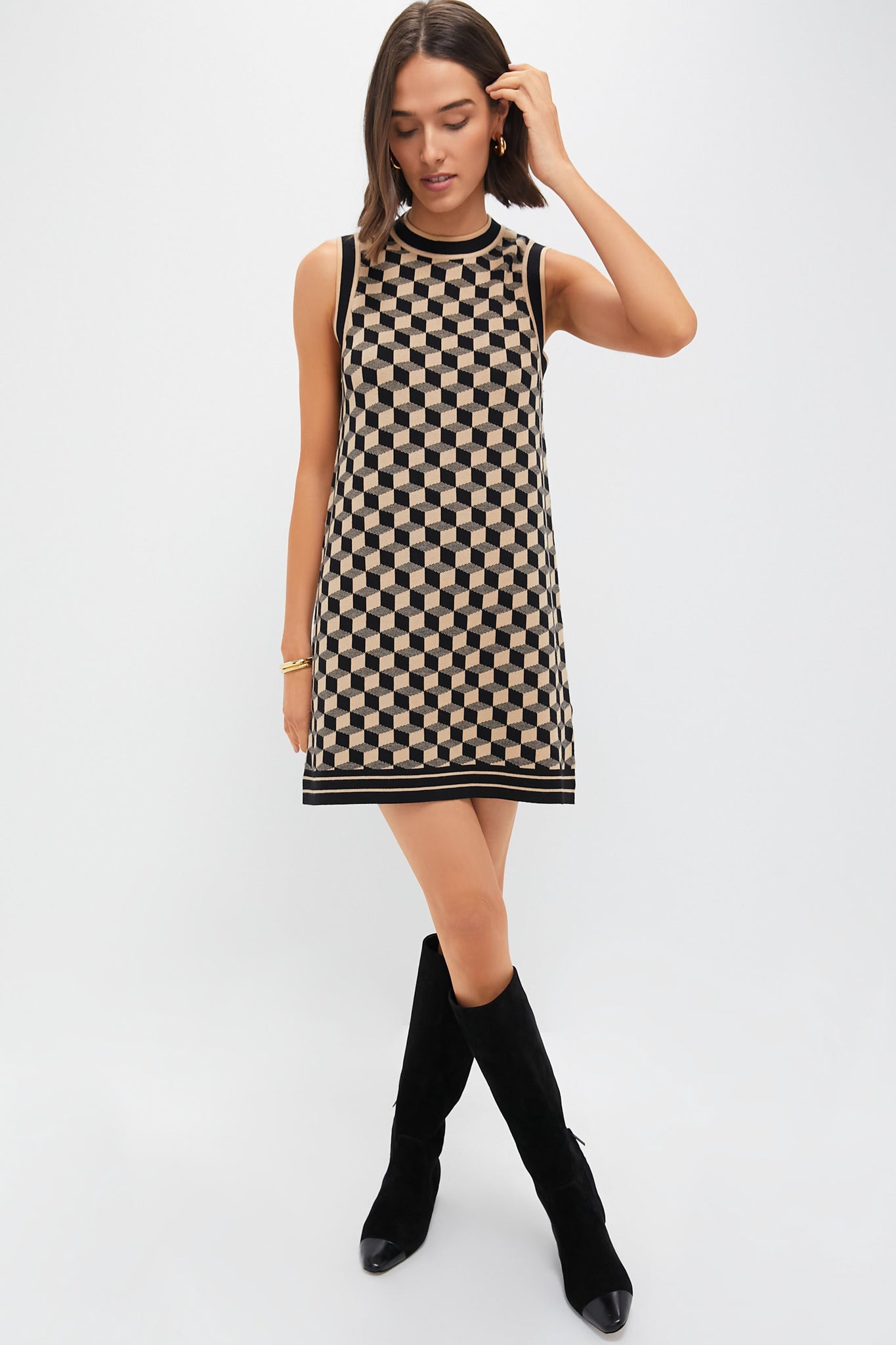 Onyx and Camel Knit Geo Marie Dress-Beilave
