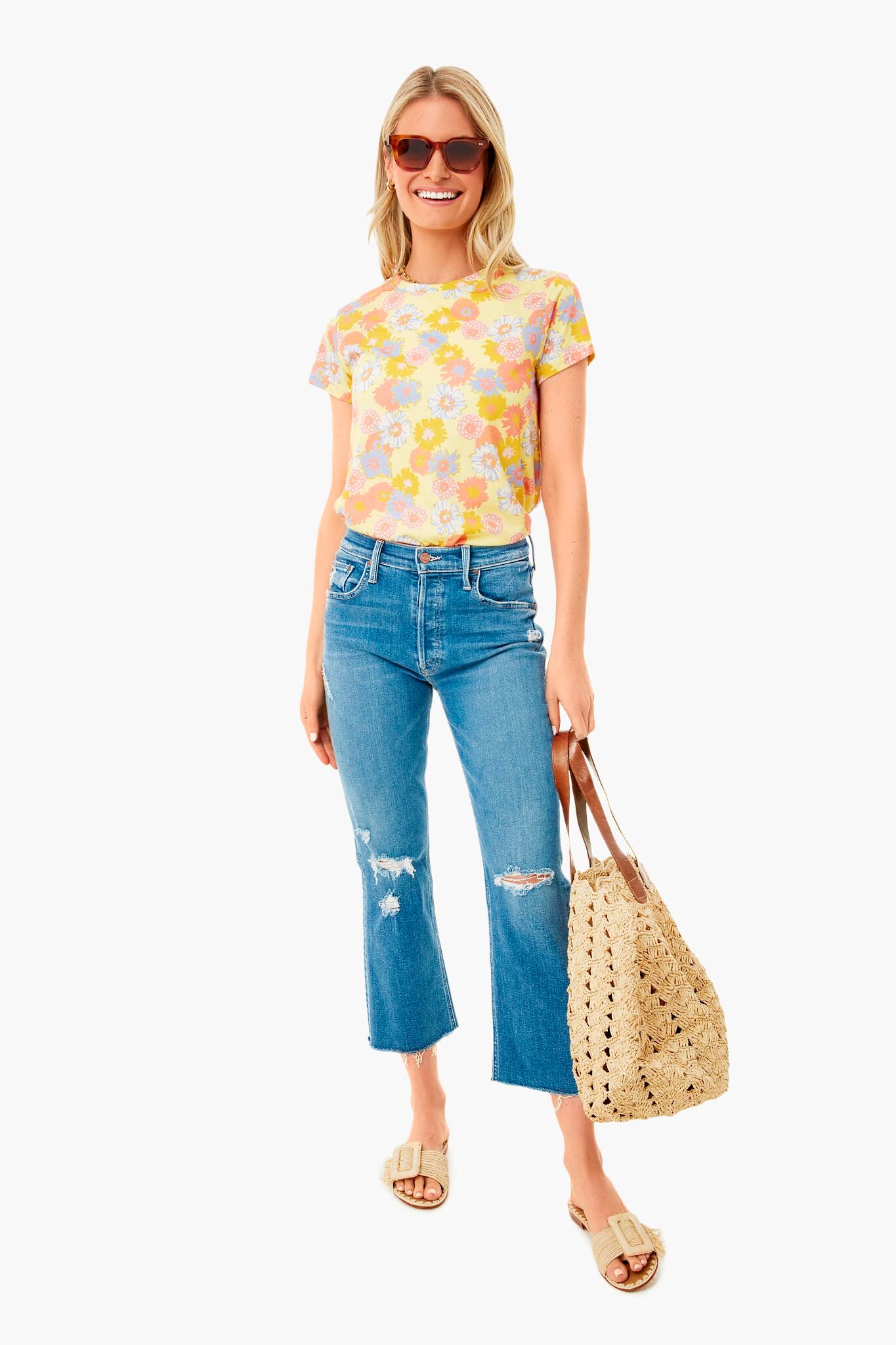 White Vintage Floral Swing Crew Tee-Beilave