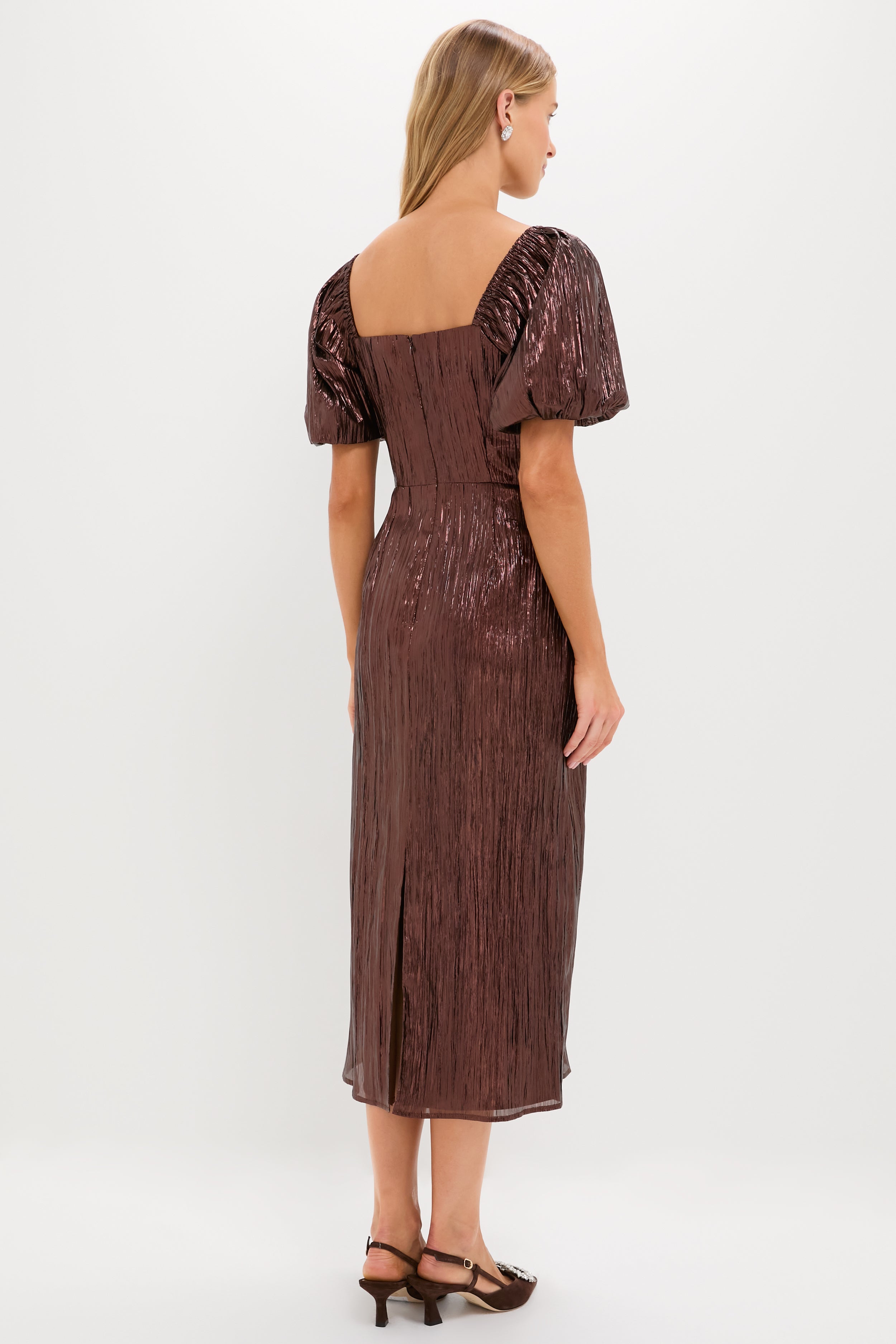 Bronze Metallic Plisse Gladys Puff Sleeve Midi Dress-Beilave