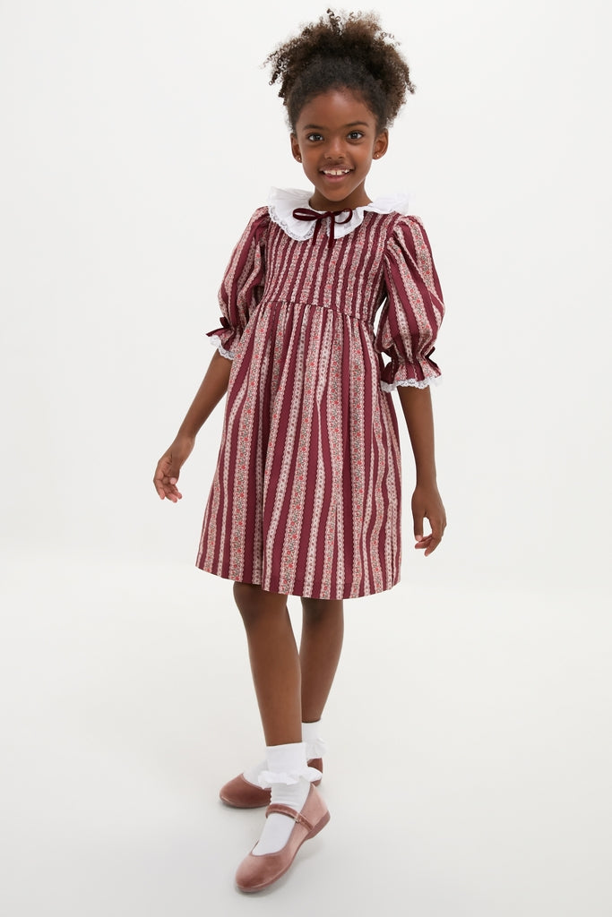 Burgundy Floral Stripe Festa Girl Hand-Smocked Dress-Beilave