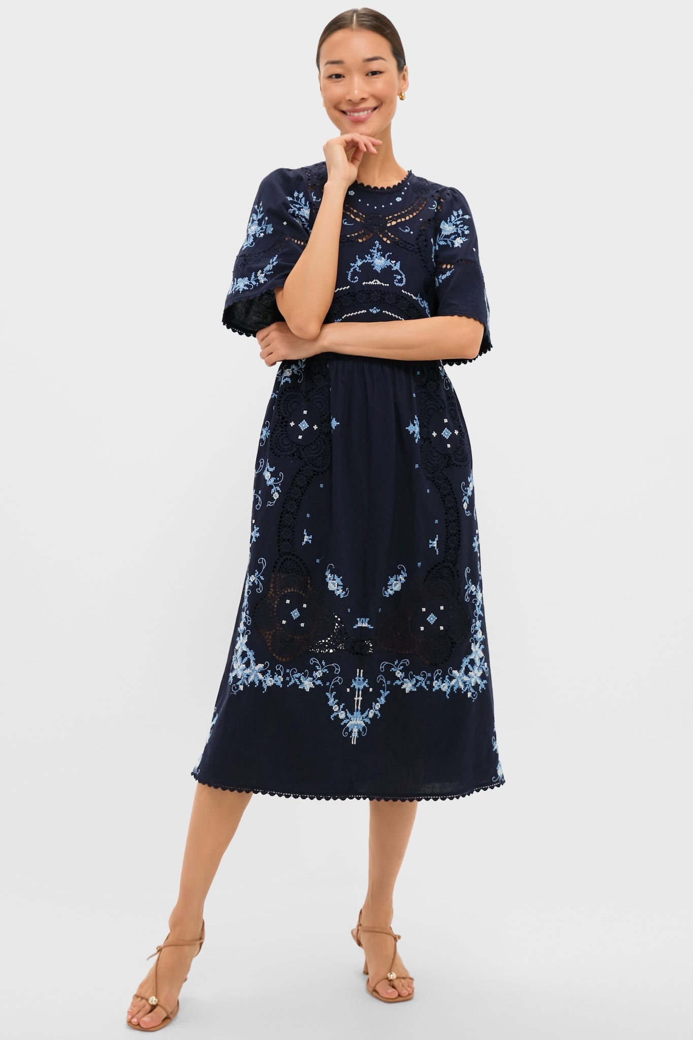 Exclusive Navy Edwina Embroidery Midi Dress-Beilave