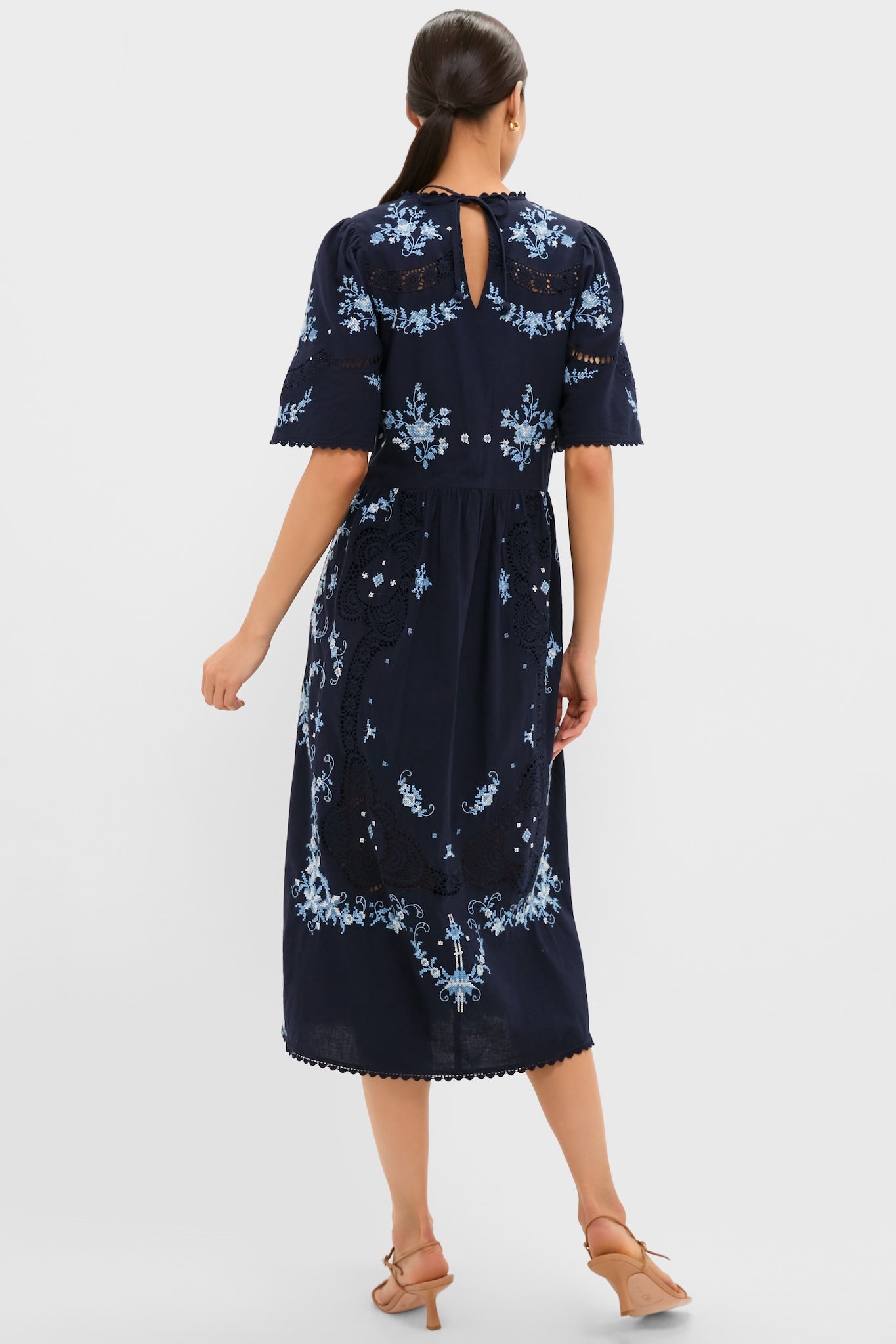 Exclusive Navy Edwina Embroidery Midi Dress-Beilave