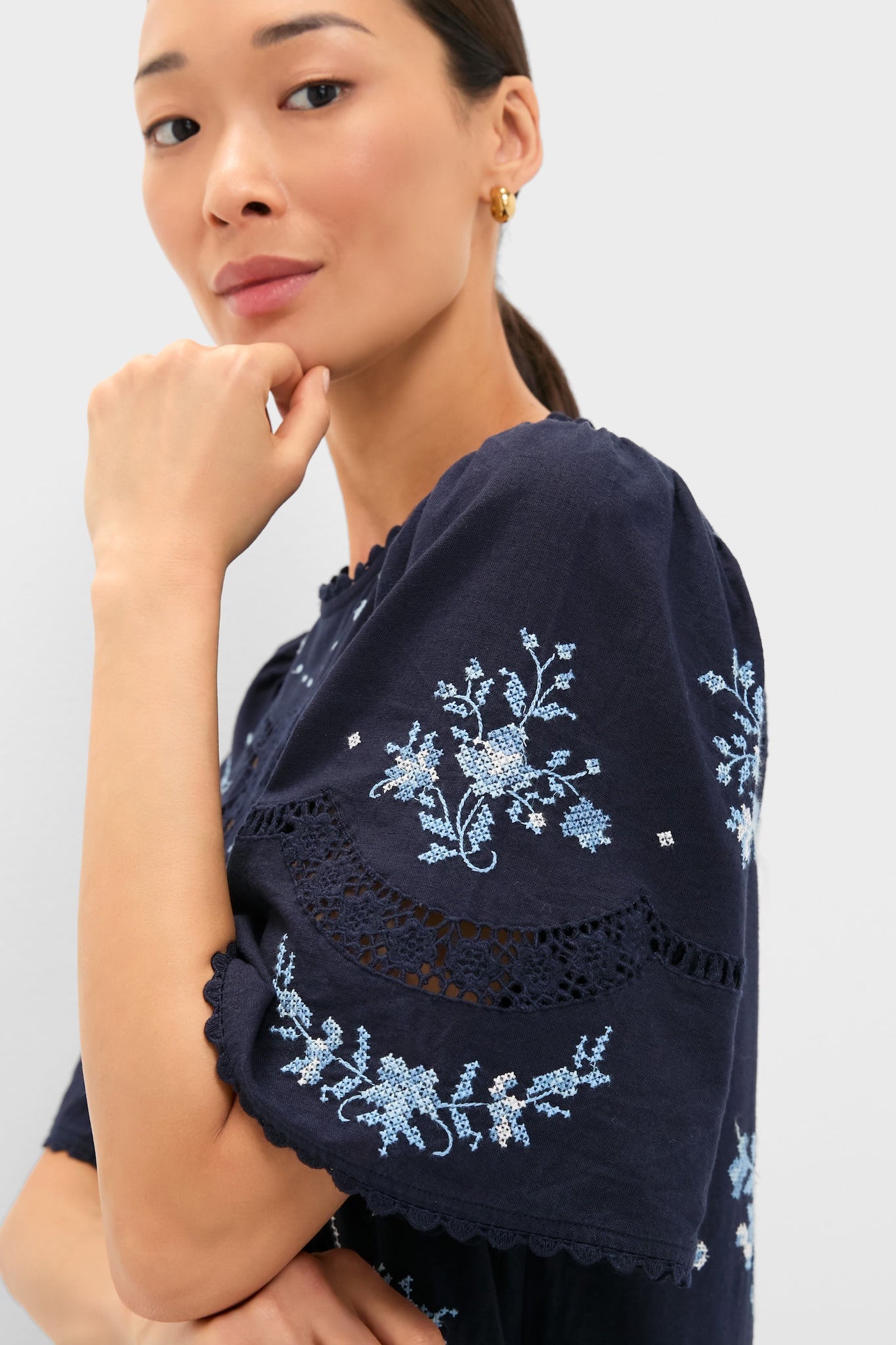 Exclusive Navy Edwina Embroidery Midi Dress-Beilave