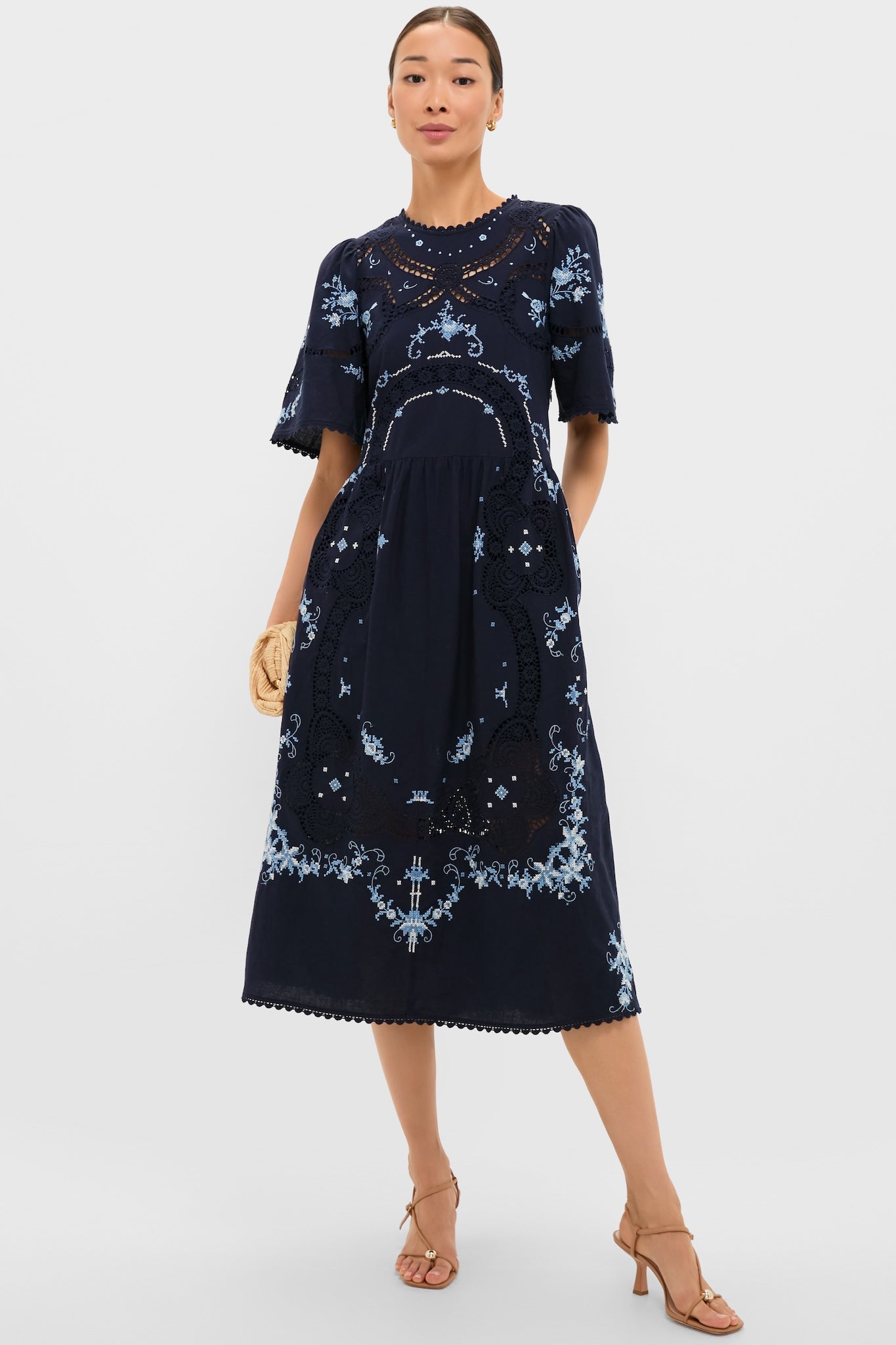 Exclusive Navy Edwina Embroidery Midi Dress-Beilave