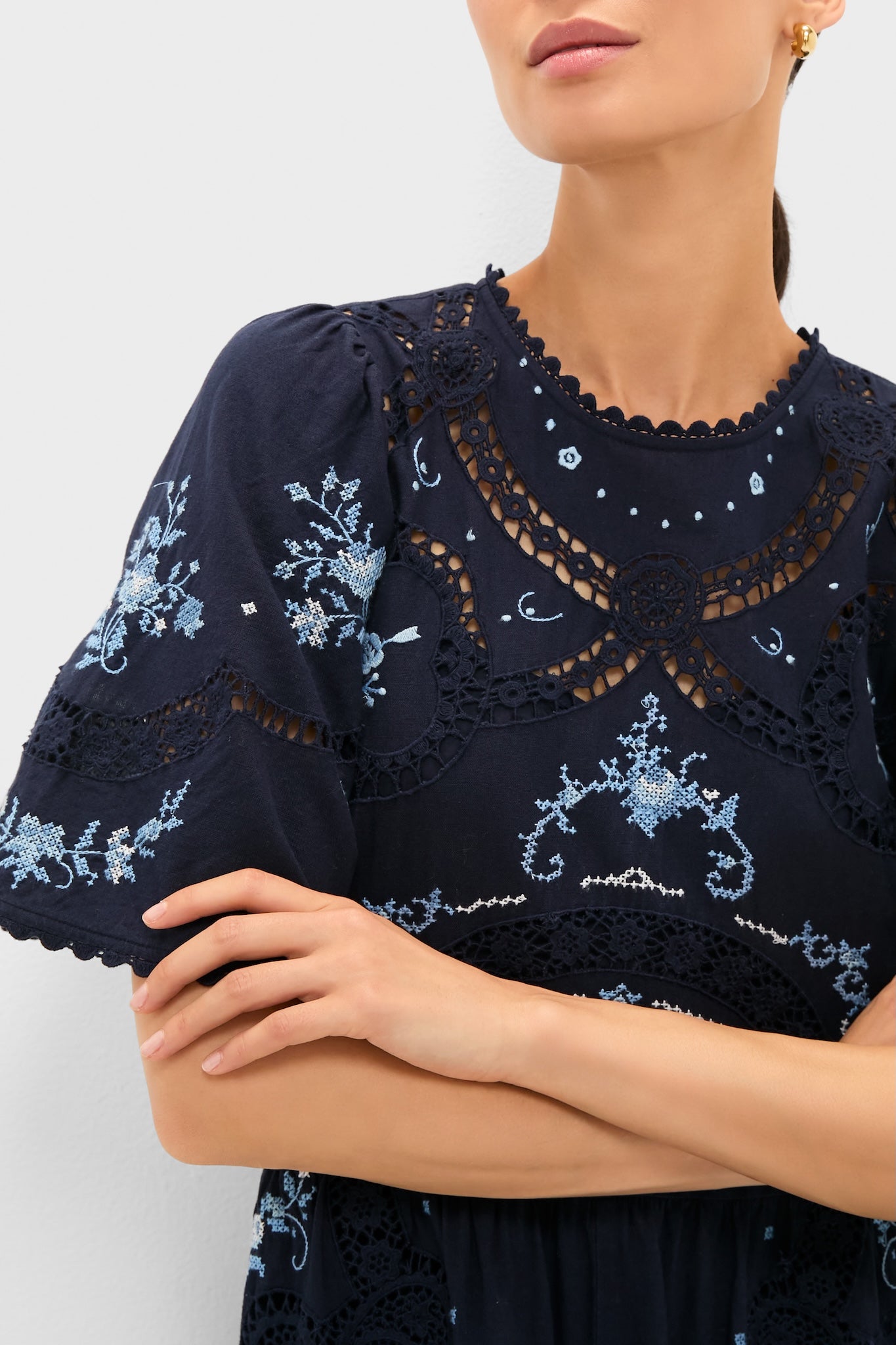 Exclusive Navy Edwina Embroidery Midi Dress-Beilave