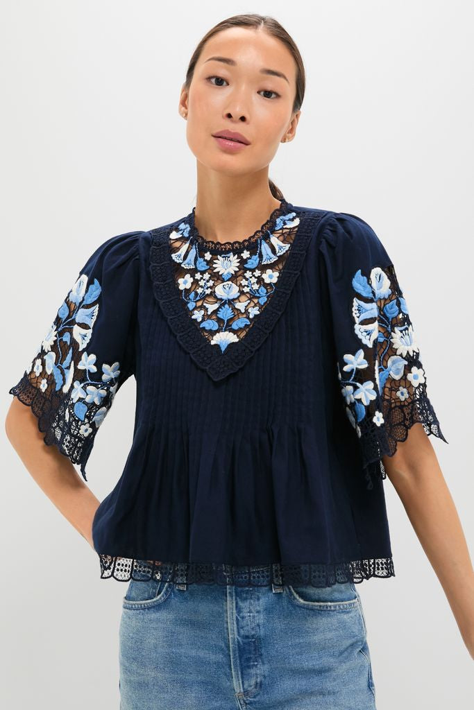 Exclusive Navy Edwina Embroidery Short Sleeve Top-Beilave