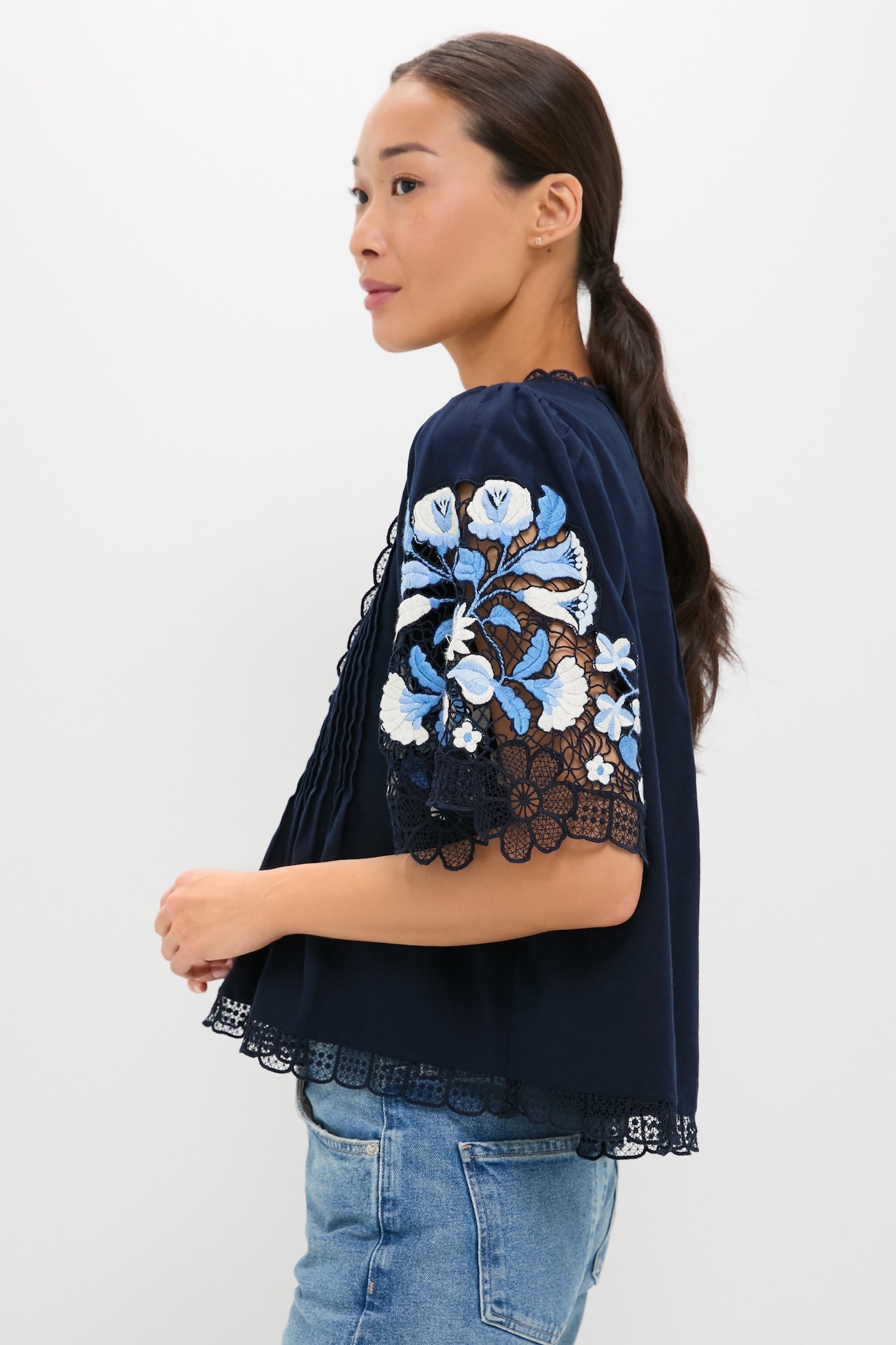 Exclusive Navy Edwina Embroidery Short Sleeve Top-Beilave