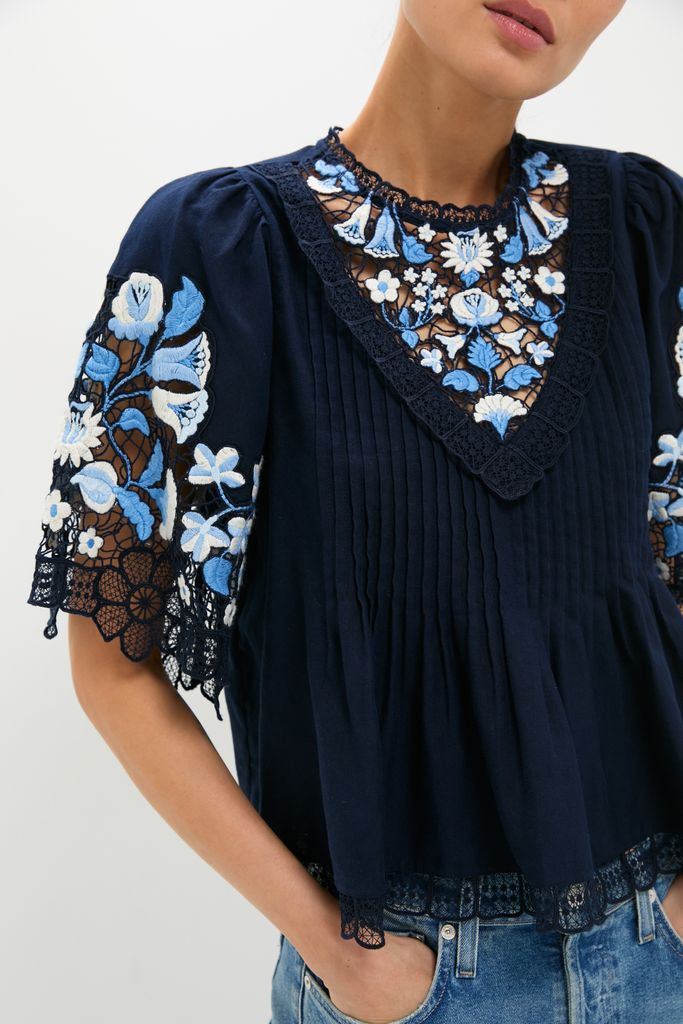 Exclusive Navy Edwina Embroidery Short Sleeve Top-Beilave
