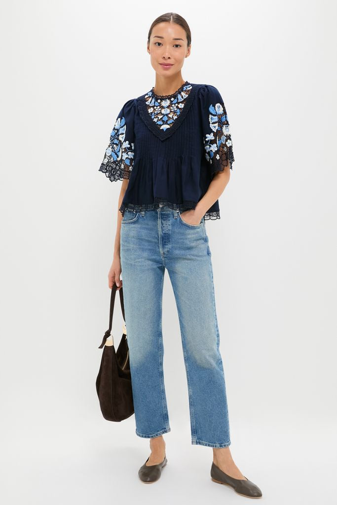 Exclusive Navy Edwina Embroidery Short Sleeve Top-Beilave