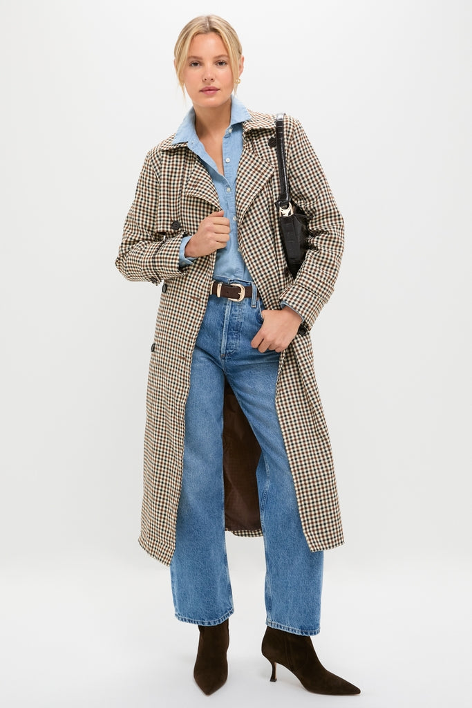 Brown Plaid Long Trench Coat-Beilave